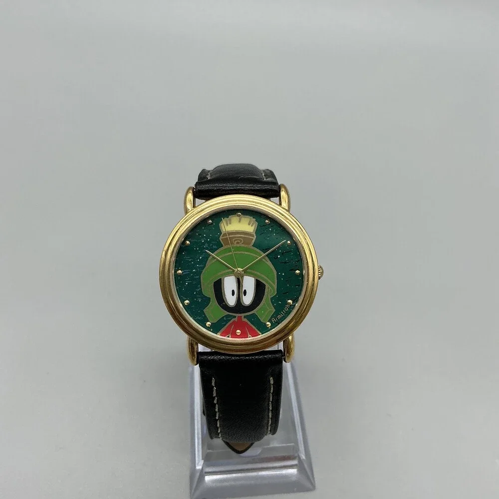 Vintage 1994 Marvin The Martian Mens Watch 33mm Green Dial Leather New Battery